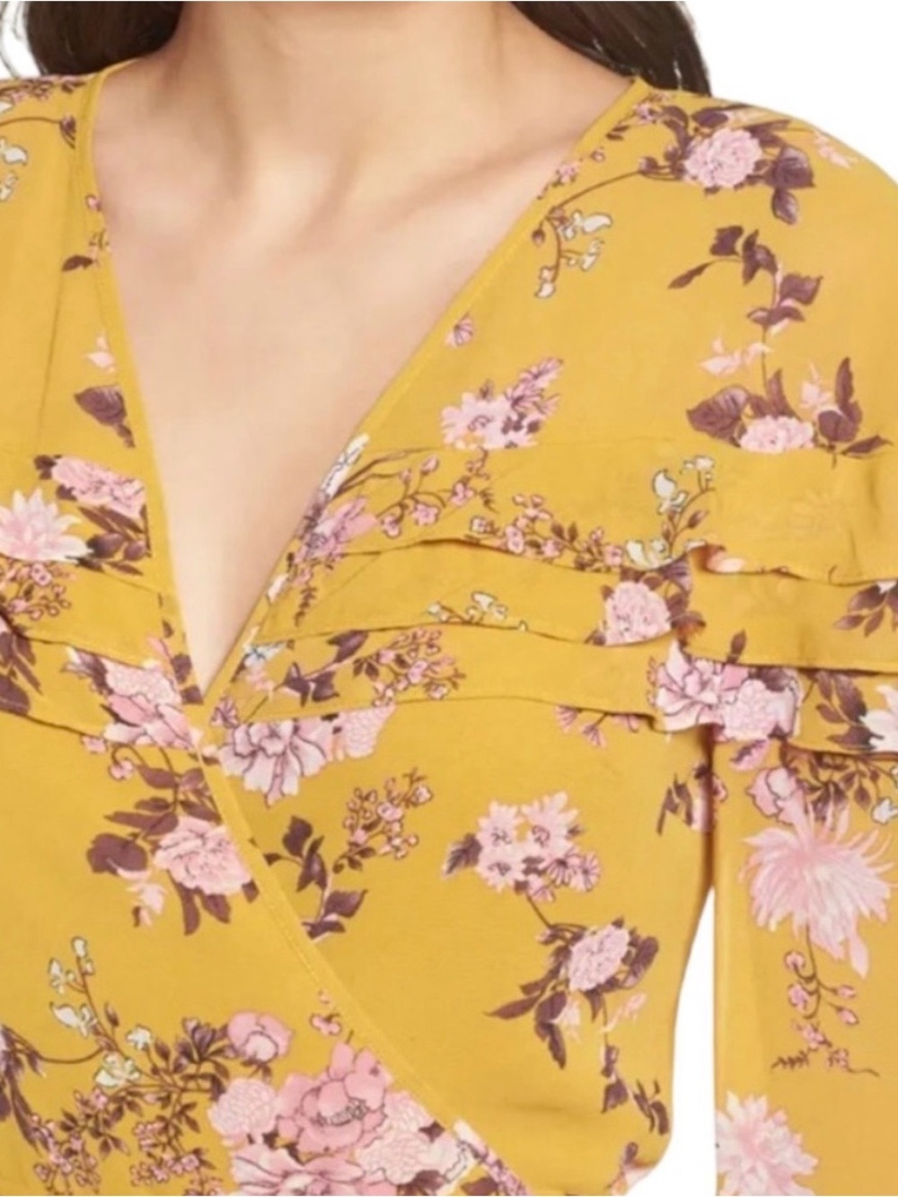 WAYF Floral Wrap Maxi Dress - Mustard with Pink Floral - Picture 9 of 9